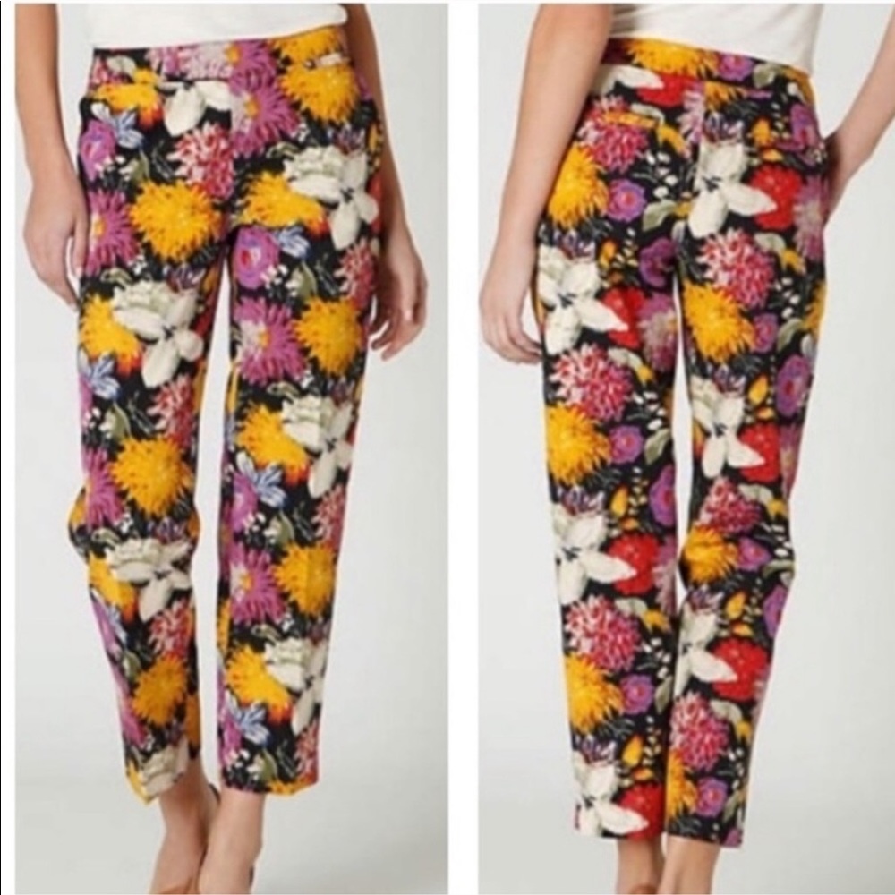 Anthropologie Black Floral Cropped Pants with Yellow, Purple & White Blooms